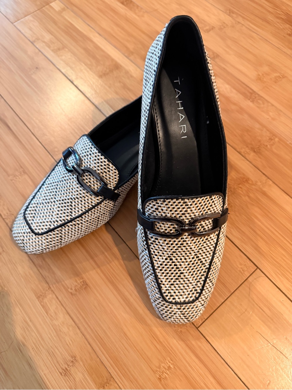 Tahari Black and White Woven Loafers with Chain Detail